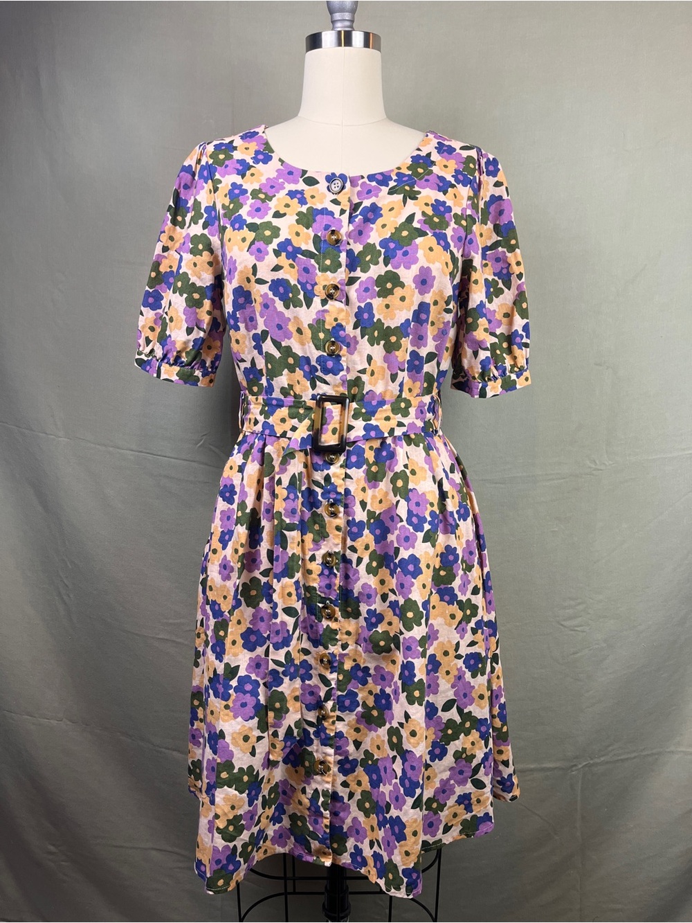 Romantic Feminine Floral Linen/Cotton Button-Front Belted Midi Dress